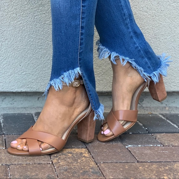 Cognac Ankle Strap Block Heel Leather Sandals - Picture 3 of 8